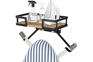 GREENSAPPIRE Ironing Board Hanger Wall Mount 31.59X15.2X6.4CM Ironing Board Storage Wall Bracket with Large Storage Wooden Base Basket and Removable Hooks for Most Standard Ironing Boards