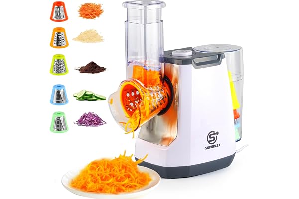 SUPERLEX Coupe-légumes électrique 5-en-1, mandoline avec 5 lames tambour interchangeables, râpe à fromage pour fruits légumes carottes noix râpe de cuisine
