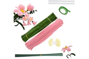 Barlone 200 Stück Lilie Pfeifenreiniger Blumen, DIY Pipe Cleaner, 2 Farben Pfeifenputzer Zum Basteln, mit 13 Stück Grün Basteldraht, Klebeband, Pfeifenreiniger Blumen Staubblatt, Klebestifte