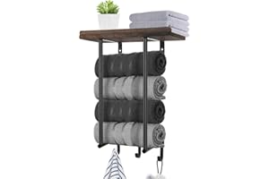 Wikay Towel Rack for Bathroom Wall Mounted Metal Bath Towel Rack with Wooden Shelf and 3 Hooks Rolled Towel Holder for Small Bathroom Towel Organizer for Folded Large Towel Washcloth