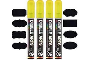 DIGIELE Pennarelli Gesso Liquido Giallo, 4pcs Pennarello Giallo 6mm e 16 Etichette Adesive Lavagna, Asciutto o Bagnato Cancellabili, Reversibile Punta Scalpello o Tonda per Lavagna, Finestra & Vetro