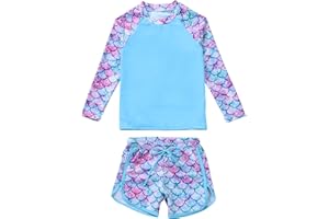 Haokaini Girls Swimming Costume Long Sleeve Summer Baby Rash Guard Swimsuit Color Blocked Tops + Drawstring Shorts 2pcs Set
