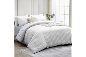 INSPIRE HOMEWARE Double Duvet set - Premium Hotel Quality Reversible Satin Stripes Duvet Cover with 2 Pillowcases, White Double Bedding Set - Soft Microfiber Quilt Bedding
