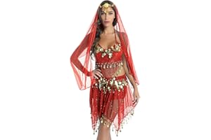 TiaoBug 4 PCS Vestito da Danza del Ventre per Donna Abito da Ballo Indiano Costume Indiana Arabo Principessa Cosplay Halloween con Paillettes Dancewear