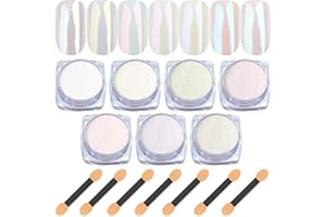 ‎BISHENGYF 7 Farben Weiße Pearl Chrome Nail Powder – BISHENGYF Transparent Aurora Ice Shimmer Chrom Nagelpuder Metallic Spiegel Effekt Chrome Pigment Pulver für Nägel Glazed Donut Glitzerpuder