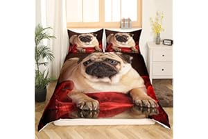 Tbrand Welpen Bettwäsche Set 155x220,Kinder Lustiger Hundedruck-Bettdeckenbezug,Reizender Mops-Bettbezug FÜR Kinder Jungen Mädchen Mädchen Erwachsene, 3D-Bettbezug FÜR SÜße Haustiere, Braun Und Rot