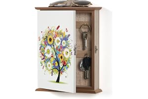Optyuwah Nyckellåda trä nyckellåda med träd och blommönster nyckelskåp 6 nyckelkrokar nyckelhållare väggorganisatör för entré