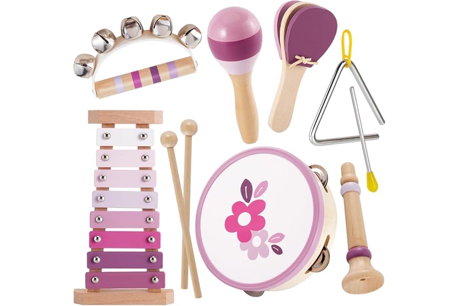 BUYGER Kids Wooden Musical Instruments Toys with Xylophone Tambourine Maracas Toddler Baby Percussion Musical Sensory Toys Gifts for 1 2 3+ Year Old