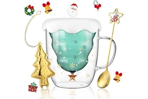 ecooe Tazza Albero di Natale Doppia Parete 270ml da Caffè Cappuccino Latte Macchiato con Manico Cucchiaio Bicchiere Vetro Borosilicato Trasparente, Colino da tè dell'albero di Natale per Tè, Latte