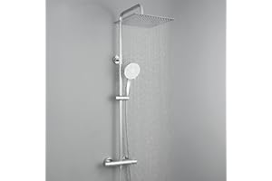 Auralum Duscharmatur Komplettset, Edelstahl Duschsystem mit Thermostat Armatur, 30x30 CM Regendusche, 5 Strahlarten Duschkopf und Höhenverstellbarer Duschstange (Chrom)