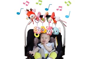 Kulveanju Espiral Carro Bebe Juguetes 6-12 Meses, Espiral Actividades Bebe Carrito Juguetes Colgantes con Música y Sonajero, Sensoriales 0-6 Meses, Juguetes de Asiento de Coche de Bebé, Ciervo