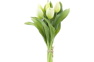 mucplants Artificial Tulip Tulip Bundle with 4 Tulips and 3 Tulip Buds Real Touch (Cream-White)