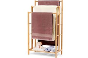 Relquorax Portasciugamani in bambù con ripiano, portasciugamani autoportante, con 3 aste, bagno, soggiorno, salvaspazio (altezza 96 cm)