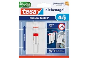 tesa limspik för kakel och metall, 4 kg – 2 spikar med tesa Powerstrips | Väggklammer för släta och fasta ytor i badrum och kök - 4 kg hållkraft, utan borrning, kan tas bort utan att lämna spår
