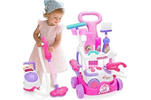 deAO Carro Limpieza Juguete con Efectos de Luz y Sonido Aspiradora y Set Limpieza Juguete Accesorios Escoba y Recogedor Niños, Regalos de Cumpleaños para Niños de 2 3+ Años
