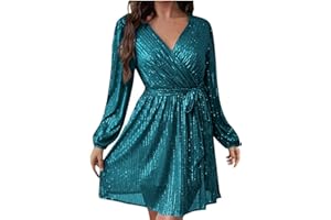 Zeiayuas Women's Sequin Dress Sparkly Glitter Lantern Sleeve V Neck Bodycon Dress Sparkle Party Disco Club Dress Ladies Plus Size Formal Cocktail Clubwear Casual Evening Mini Dresses