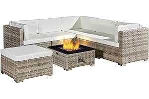 AFURNI 6 Seater Rattan Garden Furniture Set with Fire Pit Table,7 Pieces Grey Rattan Corner Sofa with Fire Pit,White Cushions and Footstool