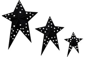 CVHOMEDECO. Primitives Rustic Vintage Gifts Black Punched Metal Barn Stars for Wall/Wreaths/Twigs Decor,8/6/4 Inch, Set of 3
