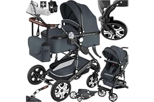 tectake® 2 in 1 Kinderwagen, klappbarer Kinderwagen Buggy mit Liegefunktion, mit Fußsack Buggy, Buggy mit Getränkehalter, herausnehmbarer Babywanne und Regenschutz - anthrazit