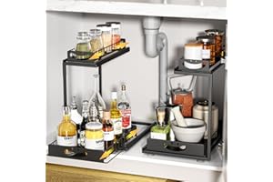 SUMAITech 2 Paquete Organizador bajo Fregadero Metal, Almacenaje de Cocina bajo Fregadero, 2 Niveles Estantería bajo Fregadero, Estanteria Fregadero Cocina, Estante Organizador Extensible, Negro