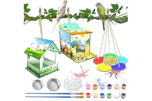HOUSTAR 2 kits de Maison d'oiseau en Bois et 1 Mangeoire à Oiseaux en Bois, Arts et Artisanat de Nichoir Oiseaux d'artisanat d'art pour les Enfants