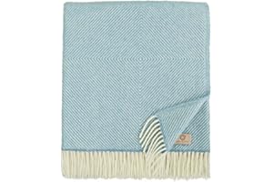 Linen & Cotton Luksusowa wełniana narzuta/koc, Alaska Diamond Twill, 100% czysta wełna nowozelandzka, turkusowy niebieski (140 x 220 cm) do kolan/ciepły pled, na sofę, łóżko, kanapę, narzuta na łóżko,