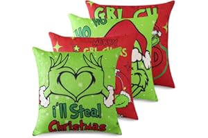Ohok Set di 4 federe decorative natalizie, 45 x 45 cm, in poliestere e lino, per soggiorno, camera da letto, divano, auto (Grinch Squad)