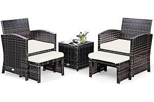 GIANTEX Juego de Muebles de Ratán para Exterior, Conjunto de Muebles 5 Piezas, 2 Sillones con Cojines, 2 Reposapiés y 1 Mesa de Café, Mesa con Espacio de Almacenamiento, para Terraza, Patio (Blanco)
