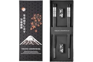 TIICOO Metalowe pałeczki wielokrotnego użytku, 2 pary, powlekane tytanem, pałeczki ze stali nierdzewnej 18/8, z uchwytem, nadają się do mycia w zmywarce, antypoślizgowe, koreańskie, japońskie,