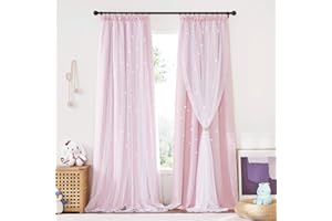 NICETOWN Rideau Occultant - Rideaux et Draperies Intérieurs avec Blanc Voilage Décoration de Chambre Fille Enfant/Salon avec Etoile Galon Fronceur, L 132 x H 240cm, Rose Clair, 2 Pcs