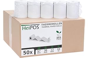 HeiGroup - HeiPOS 50x rotoli termici BPA free (W/Ø) 57mm / 30mm - lunghezza 10m, anima Ø 12mm, peso 52 g/m2, spessore 60 µm, durata di conservazione 10 anni