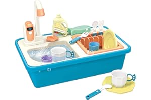 deAO Juguetes para Fregadero de Cocina con Agua Corriente, lavavajillas eléctrico, Juguete para Jugar, Fregadero de Juguete de simulación, cocinas para niños y niñas, Regalos de cumpleaños (Azul)