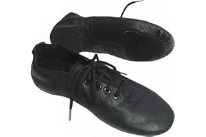 SKMAXO Jazz Dance Black Shoes Modern Stage Shoes, Rubber Split Sole, Pure Leather Jazz Shoes (See Size Guide in Pictures) Lace Up