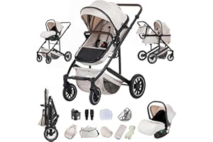 Zkiprm 3-in-1 Baby Stroller Travel System, Pram and Car Seat Combo, Pushchair with Height Adjustable Handle, Baby Buggy Travel Pram with Aluminum Frame for Newborns 0-4 Years White