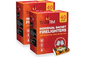 Tiger Tim Firelighters Sachets Mess Free Odourless Safe Quick Fire Starter hotspot Burners BBQ Coal Wood Burners with KasaBona Safety Matches (80 Firelighters)