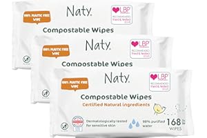 ECO BY NATY Naty Baby Wet Wipes | Natural & Fragrance-Free, 98% Purified Water for Sensitive Skin | Gentle cleans for Newborns | Plant-Based, Plastic-Free & Certified Compostable Baby Wipes | 168 Count (3 Packs)