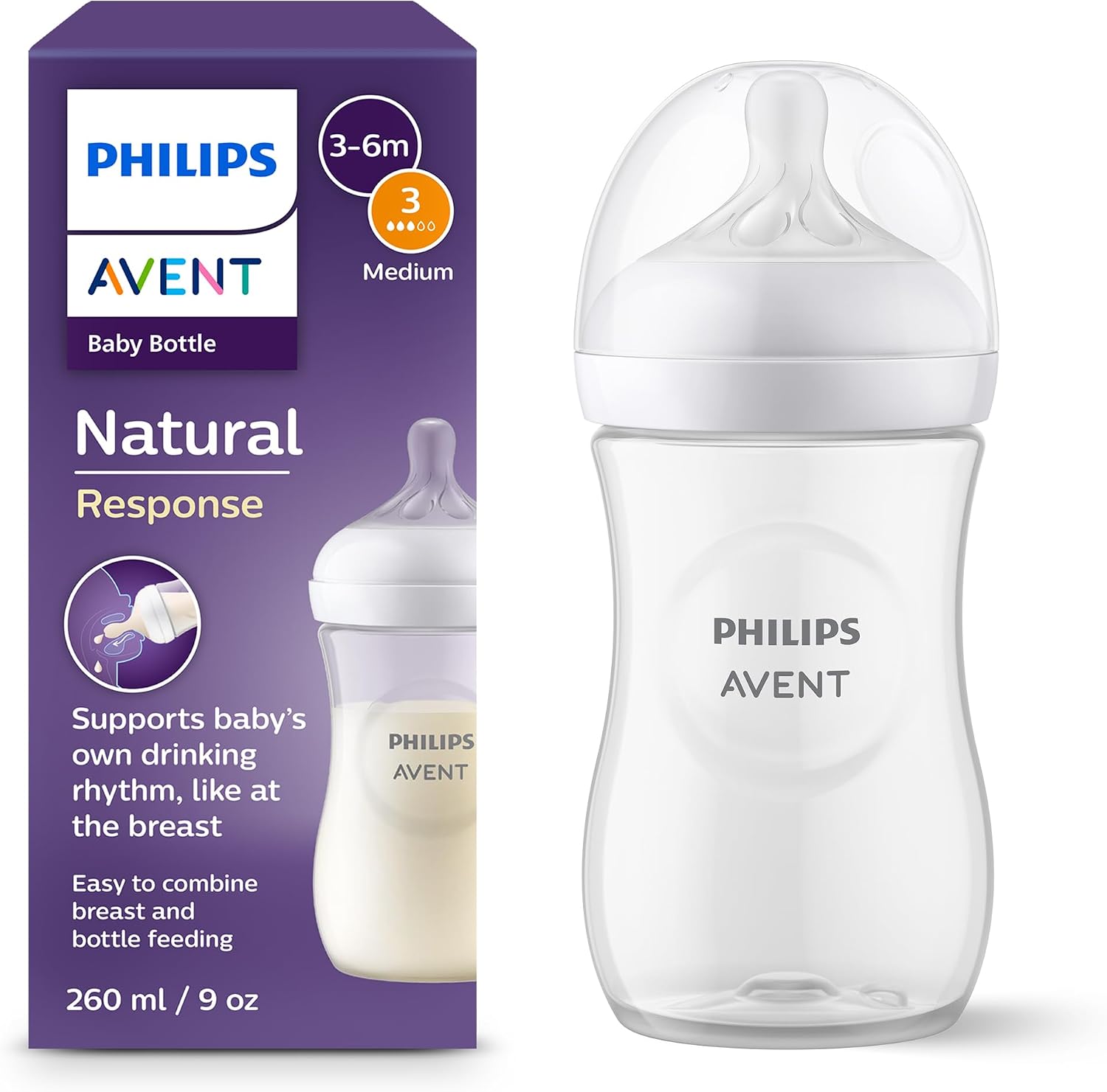 Philips Avent Biberón Natural Response: biberón para bebés recién nacidos de 260 ml, sin BPA, a partir de 3 a 6 meses modelo SCY903/01)