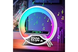 AOZBZ Lampe De Table Intelligente, Lampe De Chevet Avec Chargement Sans Fil, Veilleuse, Lumière D'ambiance, Avec Haut Parleur Bluetooth, Double Réveil, Multifonction, Convient Aux Adolescents, Hommes