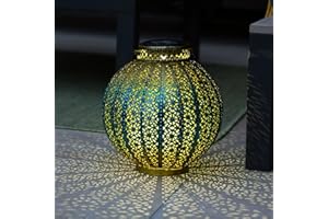 Festive Lights - 25.5cm Solar Power Blue & Gold Moroccan Lantern with Colour Changing, Cool & Warm White LEDs - IP44 Rated, Outdoor Decorative Light - Intricate Laser-Cut Design, Automatic Sensor