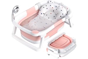 Rabb 1st Bañera Plegable Bebé, Imprescindible para Bebe, Recién Nacido a Niño Pequeño, Bañera de Viaje Portátil con Alfombrilla Antideslizante y Orificio de Drenaje (Sin Termómetro)(Rosa)