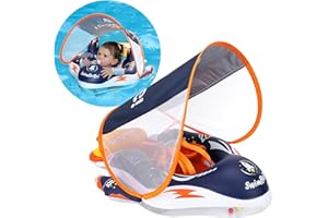 SWIWBOBO Swimbobo Baby Pool Float Inflatable Infant Swimming Floats with Adjustable Seat and canopy,Size Improved Add Tail Avoid Filp Over Pool Splash & Play Toys for Kids Ages 6-36 Months
