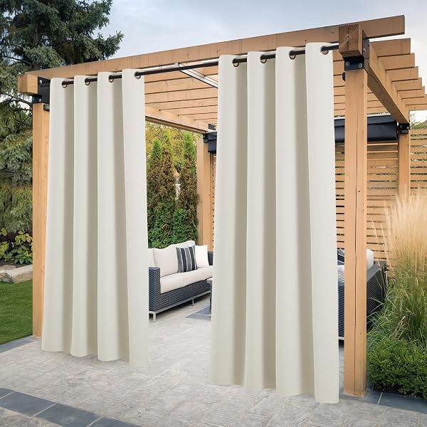 PONY DANCE Balkon Vorhang Sonnenschutz & Sichtschutz Terrasse/Pavillon Vorhänge 2er Set Outdoor Gardinen Wasserdicht Outdoorvorhang Wetterfest mit Ösen, H 213 x B 132 cm, Hellbeige - 1