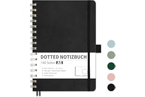 ‎RETTACY RETTACY Notizbuch A5 Dotted, Bullet Dot Journal mit 100 g/m² Dickem Papier, 70 Blatt, Notebook für Büro und Schule, Lederhülle, Schwarz, 14.8 cm x 21 cm