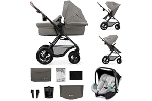 Kinderkraft MOOV 2 AIR, carrito 3 en 1 con capazo y silla de paseo 2 en 1, ruedas grandes inflables, Travel System con silla de coche, hasta 22 kg, Gris Claro