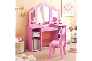 ‎DREAMADE DREAMADE 2 in 1 Kinder Schminktisch mit Hocker und abnehmbarem Spiegel, Prinzessin Frisiertisch mit 4 offenen Ablageflächen, Kinderschminktisch für Kinder Mädchen (Rosa-mit Hocker ohne Box)