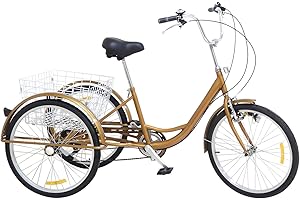 FUTCHOY 24 Inch Adult Tricycle with Basket 6 Speeds 3 Wheels Bike with Lamp Trike for Adults Seniors for Shopping Outdoor Picnic Sports