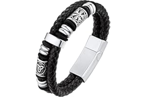 Bestyle Pulsera Hombre Cuero Vikingo Brújulas Cuentas 19cm/21cm/23cm/25cm con Cierre Magnético de Acero Inoxidable Pulseras de Cuero para Pardre Esposo Novio