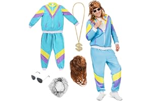 Festicy Kostium retro z lat 80-tych i 90-tych z akcesoriami z lat 80-tych, męski kostium karnawałowy retro, spodnie, peruka Vokuhila, złoty łańcuszek i okulary, kostium męski do dyskoteki (2024)