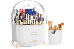 Suyoo Makeup Organiser and Storage + Makeup Brush Holder Clear Cover Cosmetic Display Case with Lid Storage Box Brush Storage Box, Organisers for Bathroom Countertop (White)