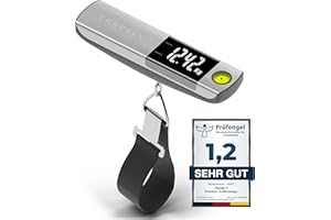 TRAVELY Premium Kofferwaage aus gebürstetem Edelstahl bis 50KG I Gepäckwaage mit praktischem Maßband und integrierter Wasserwaage für genauste Messungen. weight Scale digital mit haken